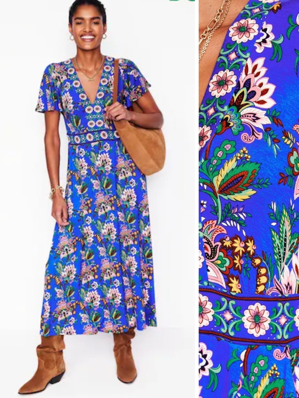 Boden Ellie Flutter Maxi Tea Dress Blue Floral Paisley Pockets V Neck